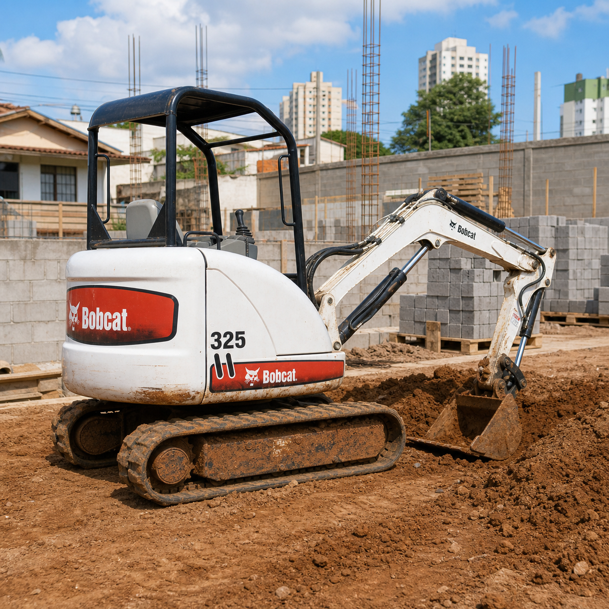 Mini-escavadeira Bobcat em obra